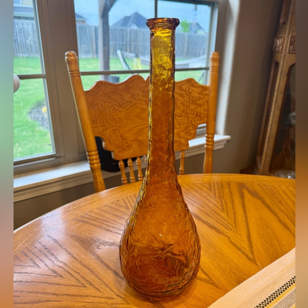 Vintage Italian Empoli Amber Decanter 15.5" MCM Crinkle Glass Genie Bottle